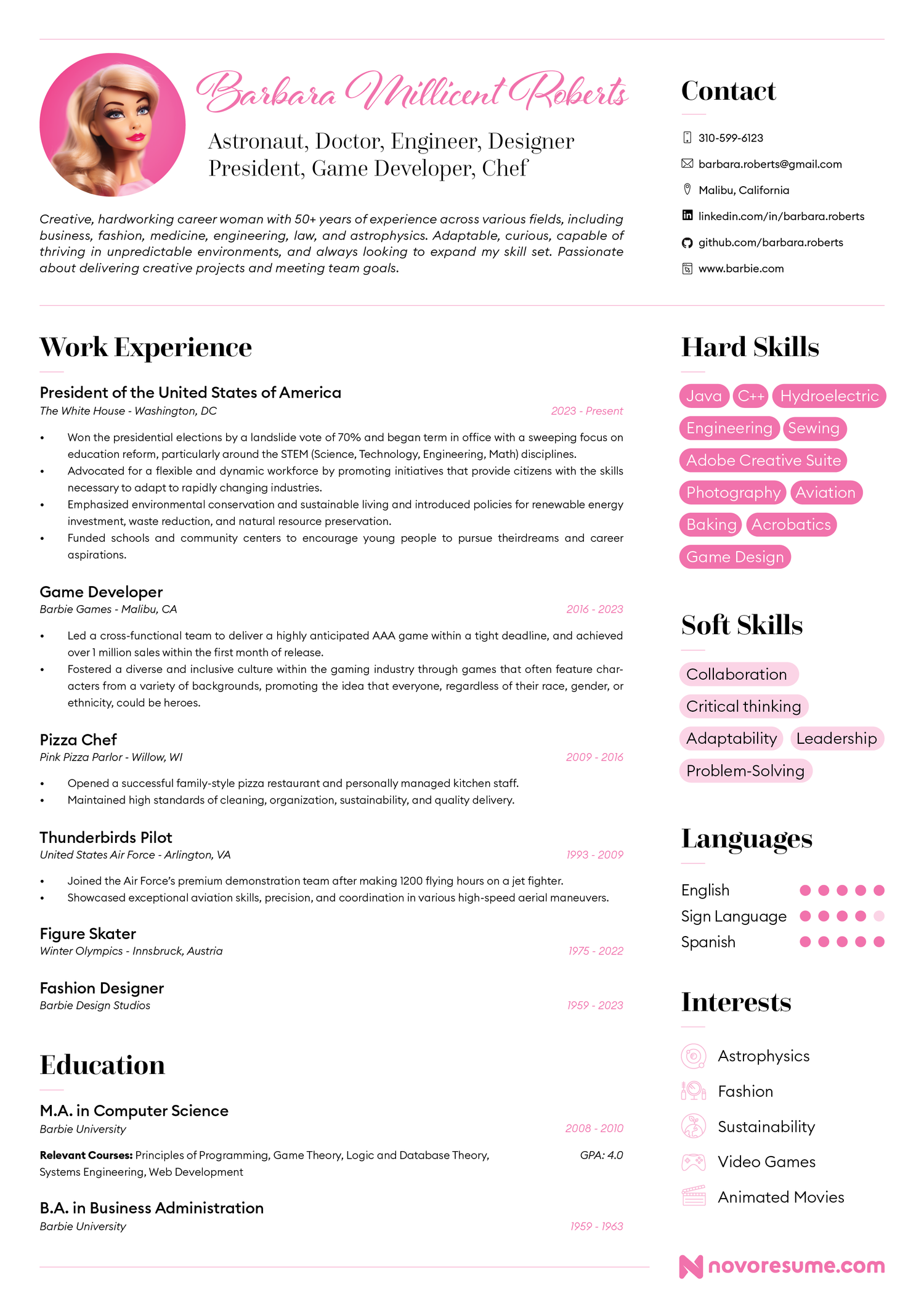 barbie one page resume