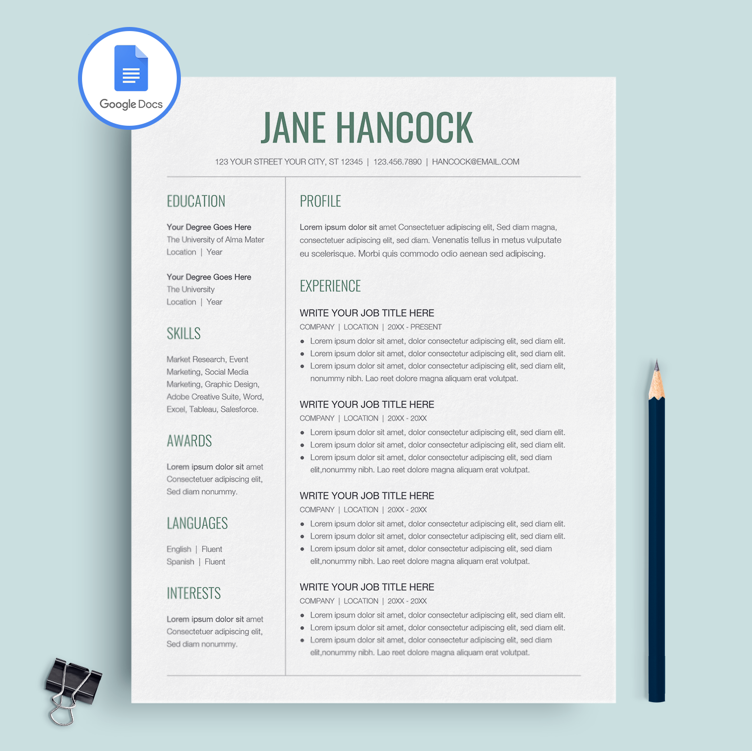 Jane Hancock Google Docs Resume Template