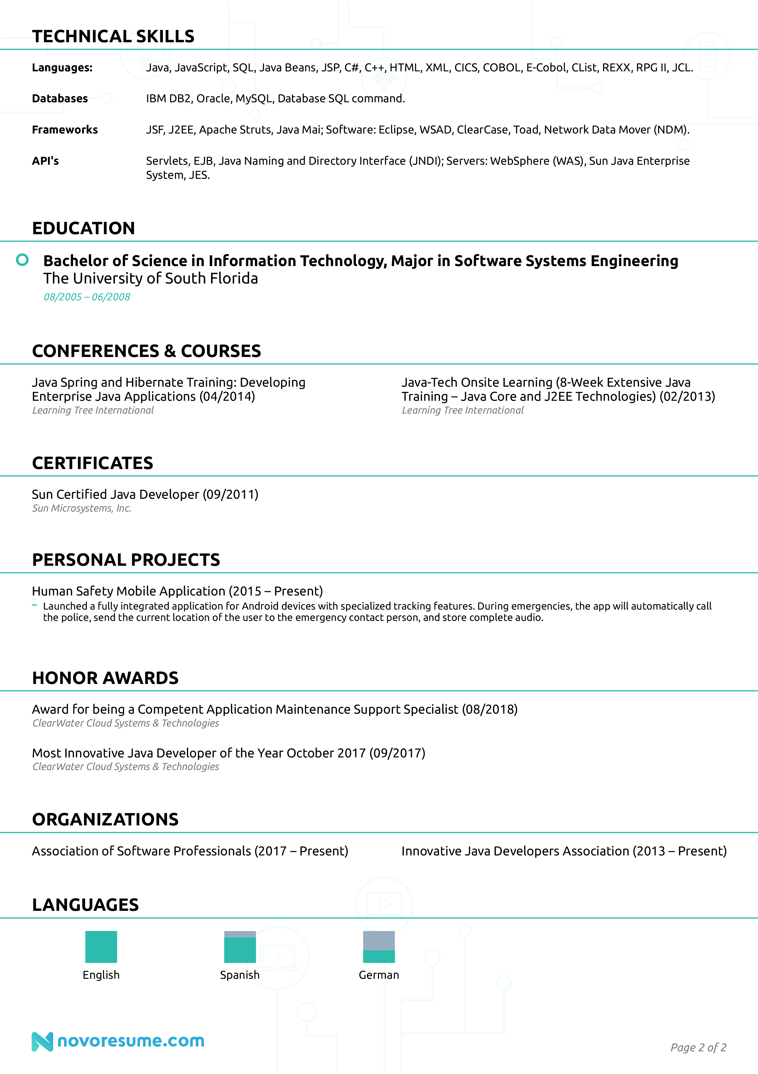 java developer resume sample page 2