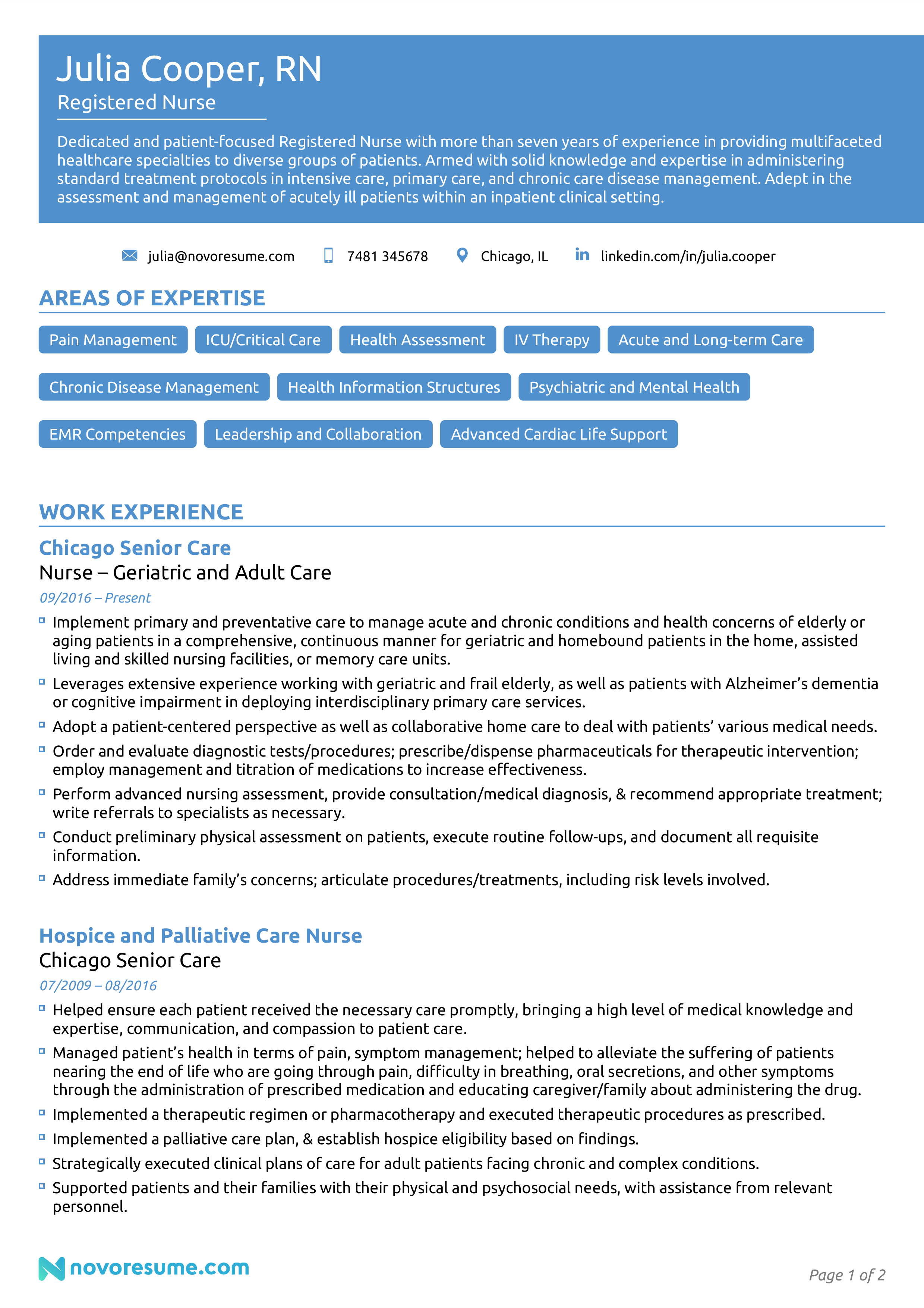 registered nurse resume example page 1