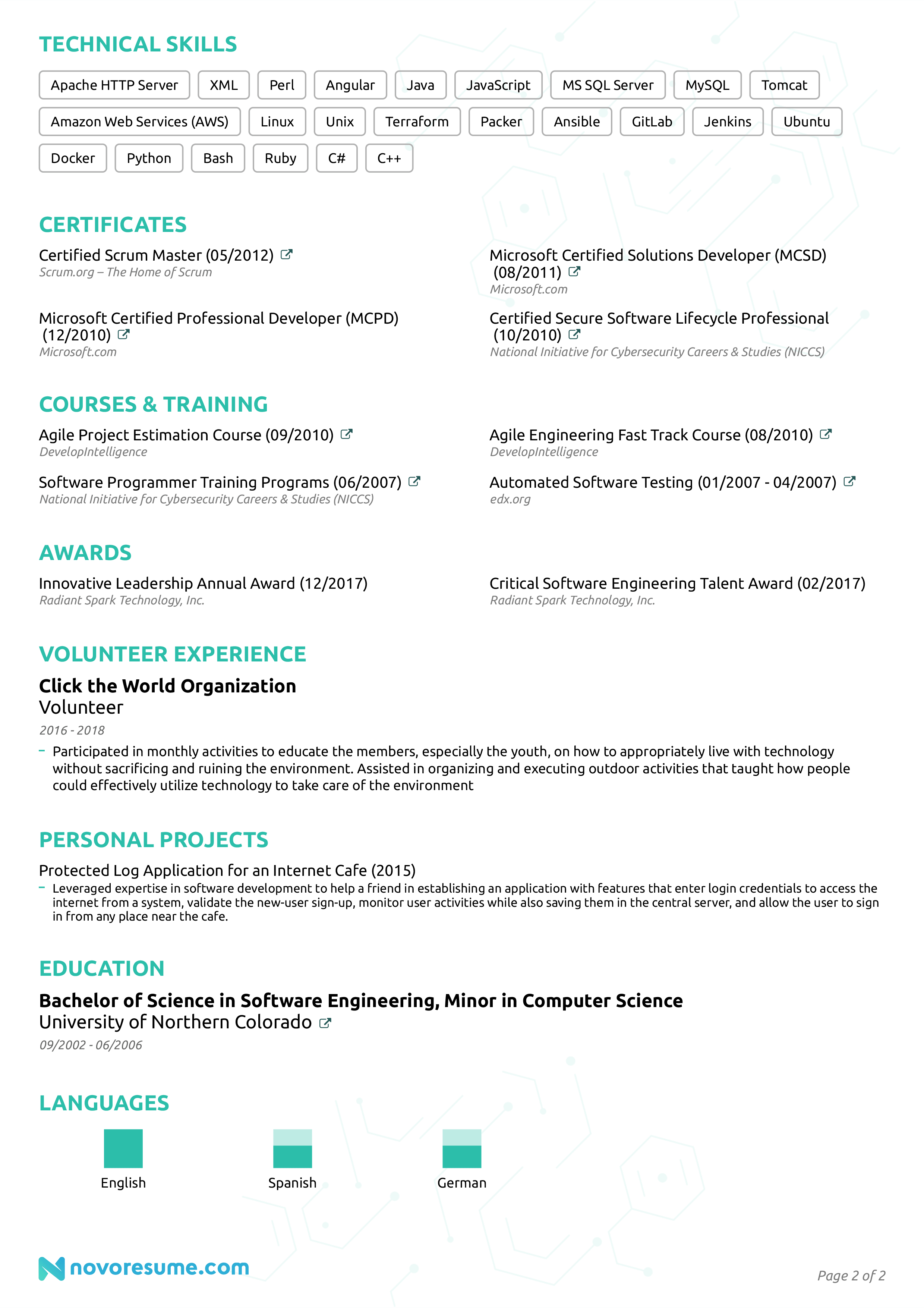 software engineer resume sample page 2