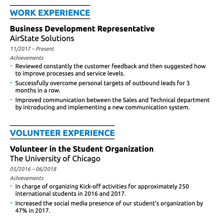 work experience on student resume