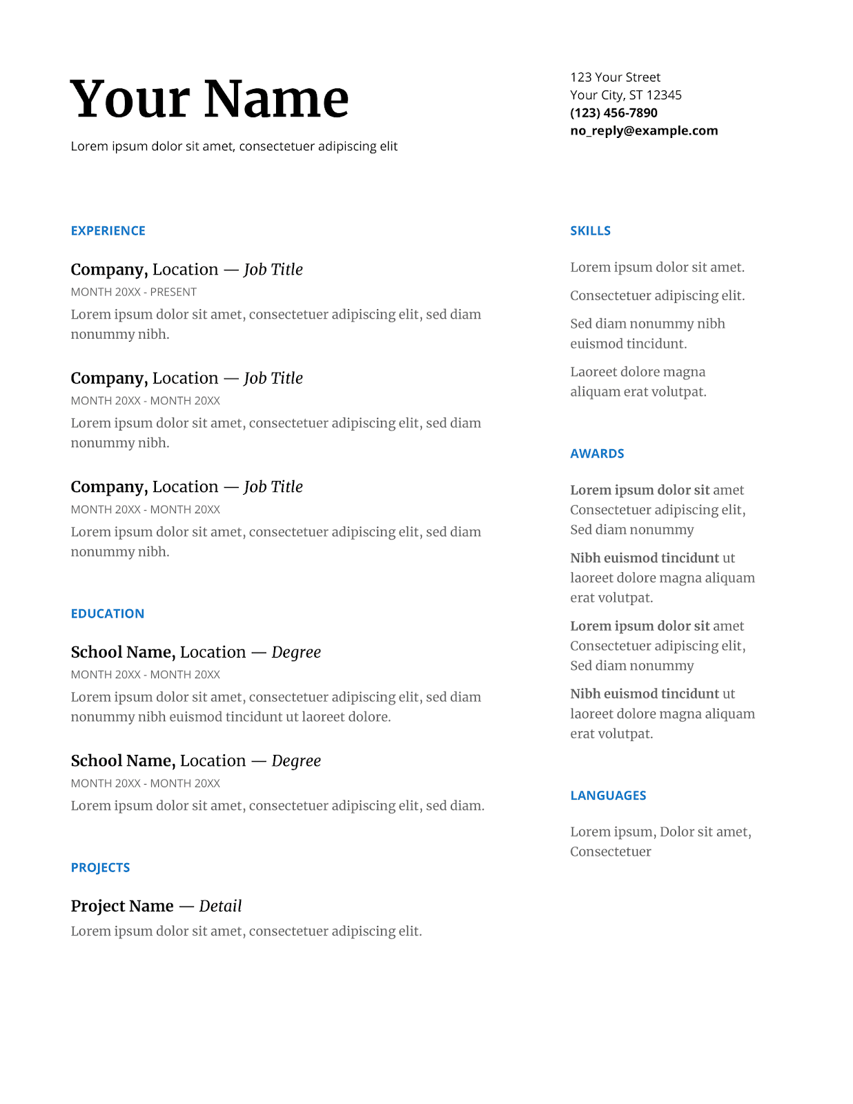 one page serif google doc resume template