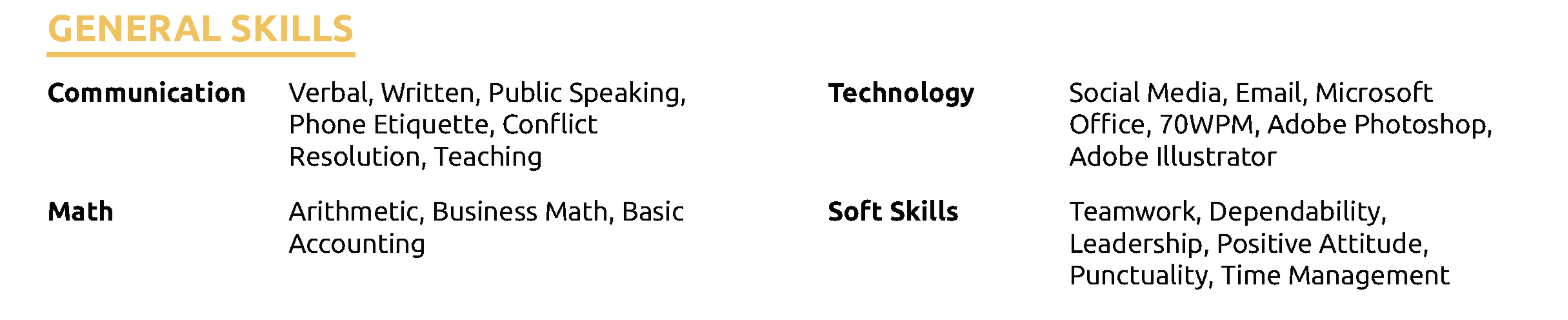 skills on internship resume